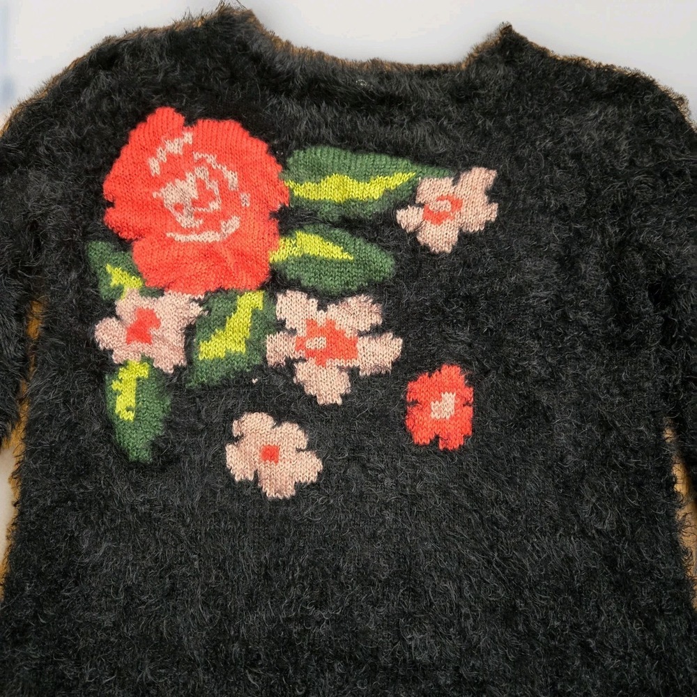 Jessica Simpson Black Fuzzy Sweater Colorful Floral Pattern Grunge Dark‎ Fairy